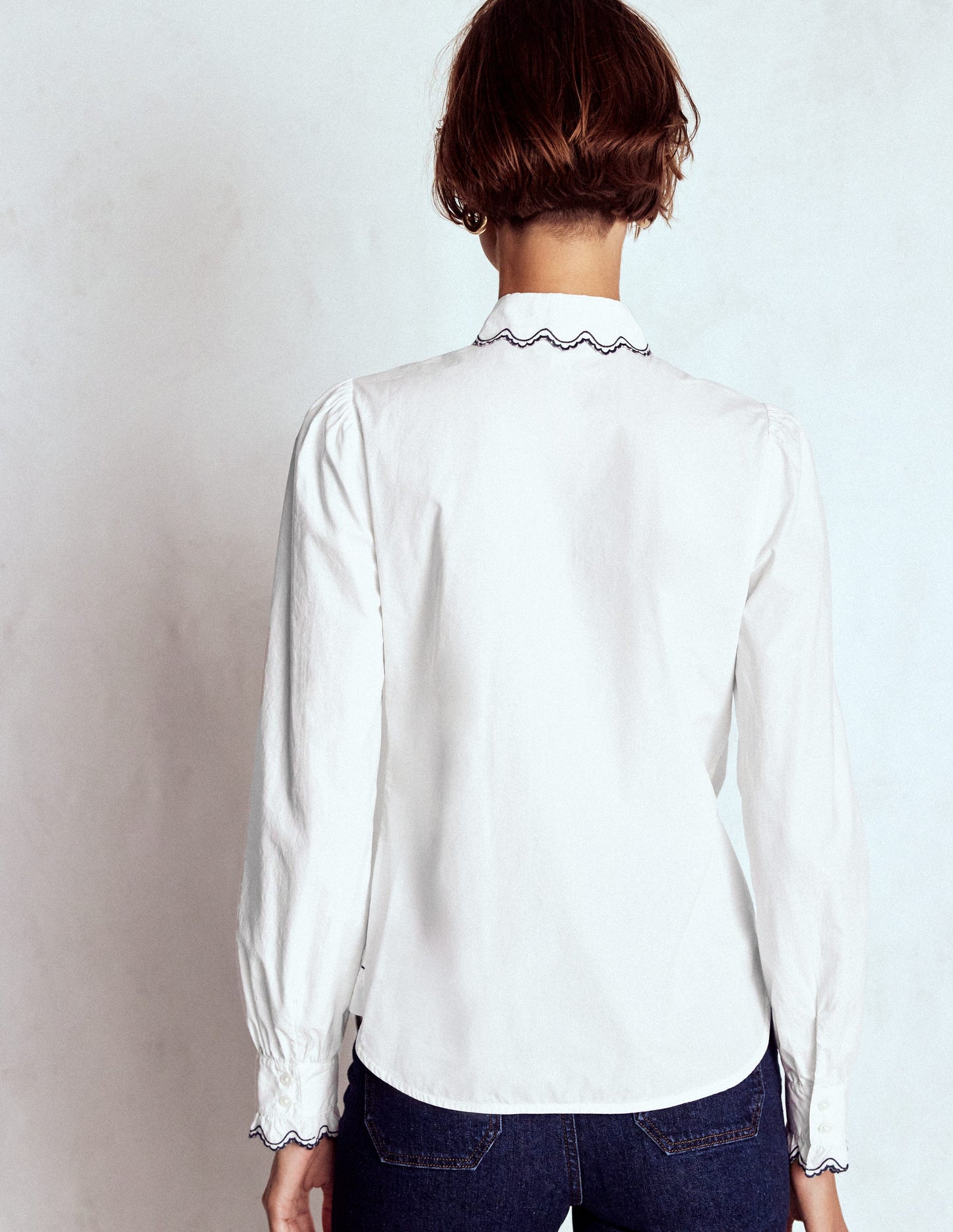 Embroidered Cotton Shirt-White, Navy Embroidery