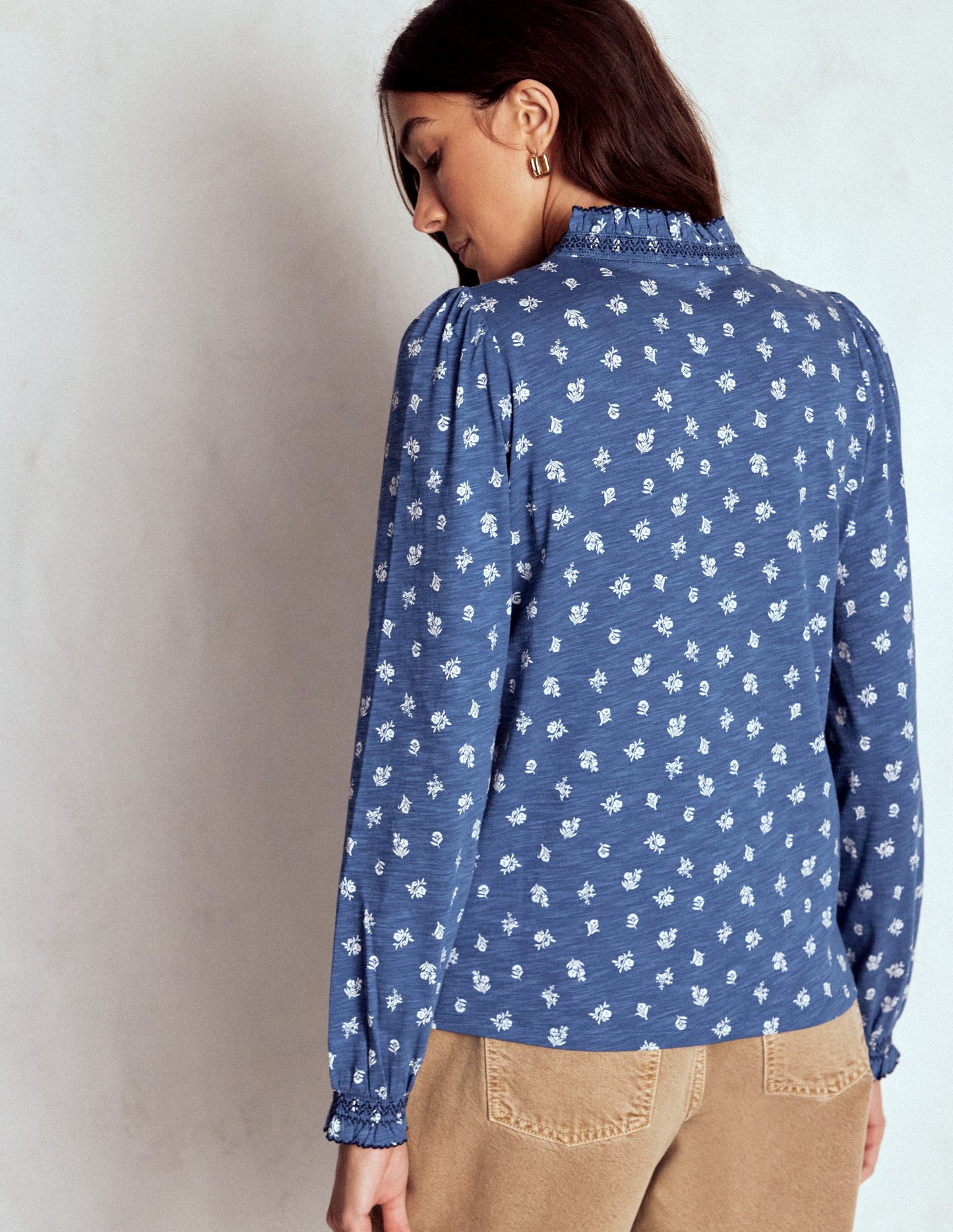 Effie Smocked Detail Shirt-True Navy, Flower Press Small