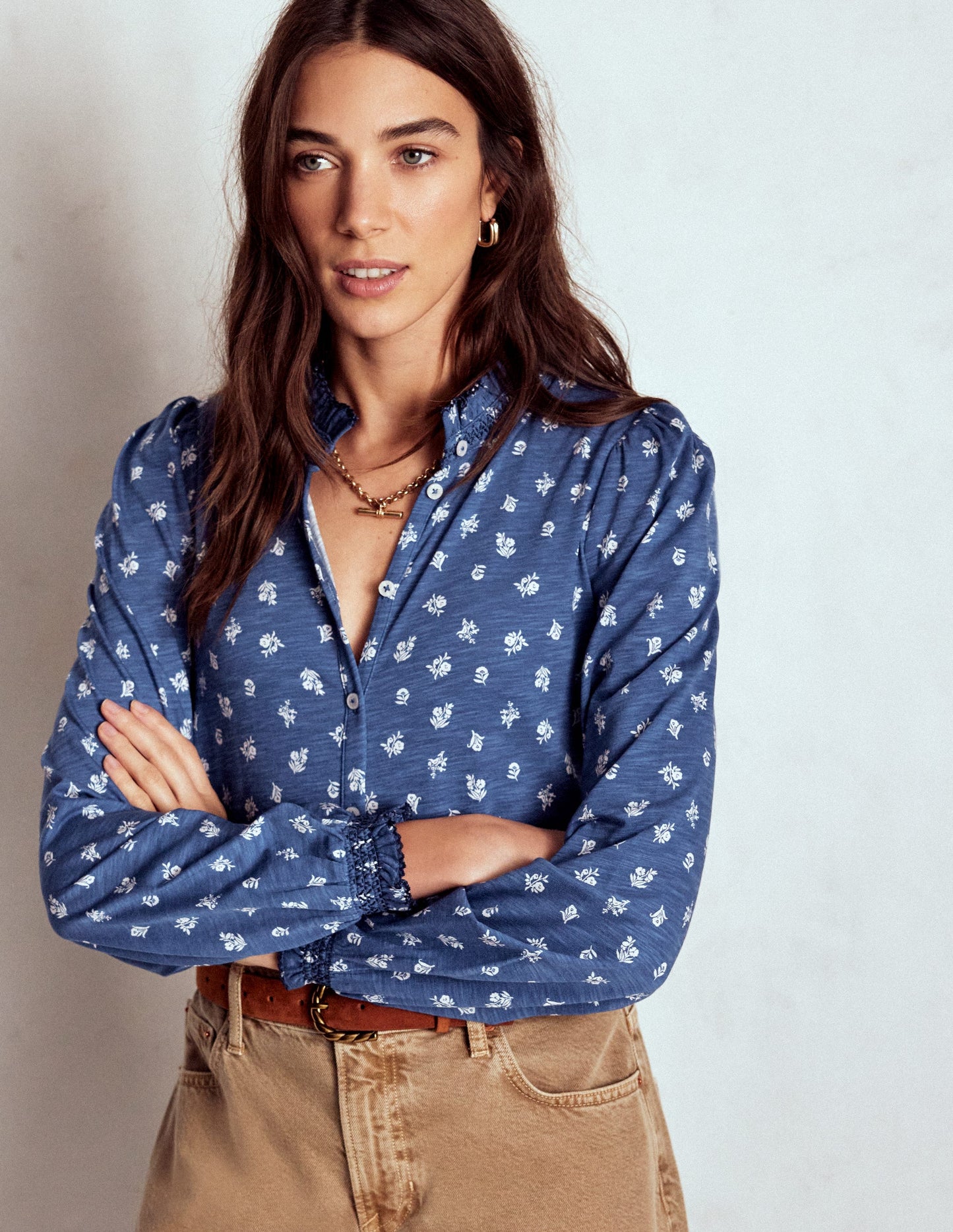 Effie Smocked Detail Shirt-True Navy, Flower Press Small