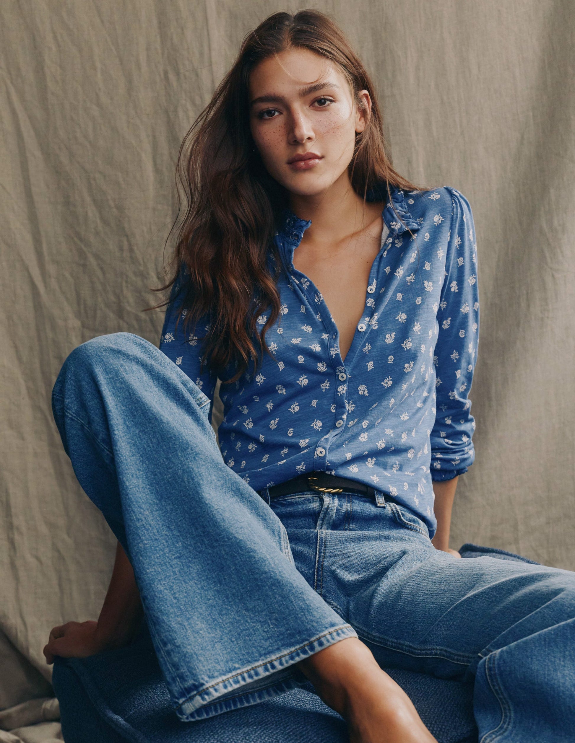 Effie Smocked Detail Shirt-True Navy, Flower Press Small-1