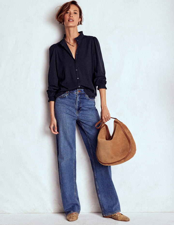 Effie Smocked Detail Shirt-Navy