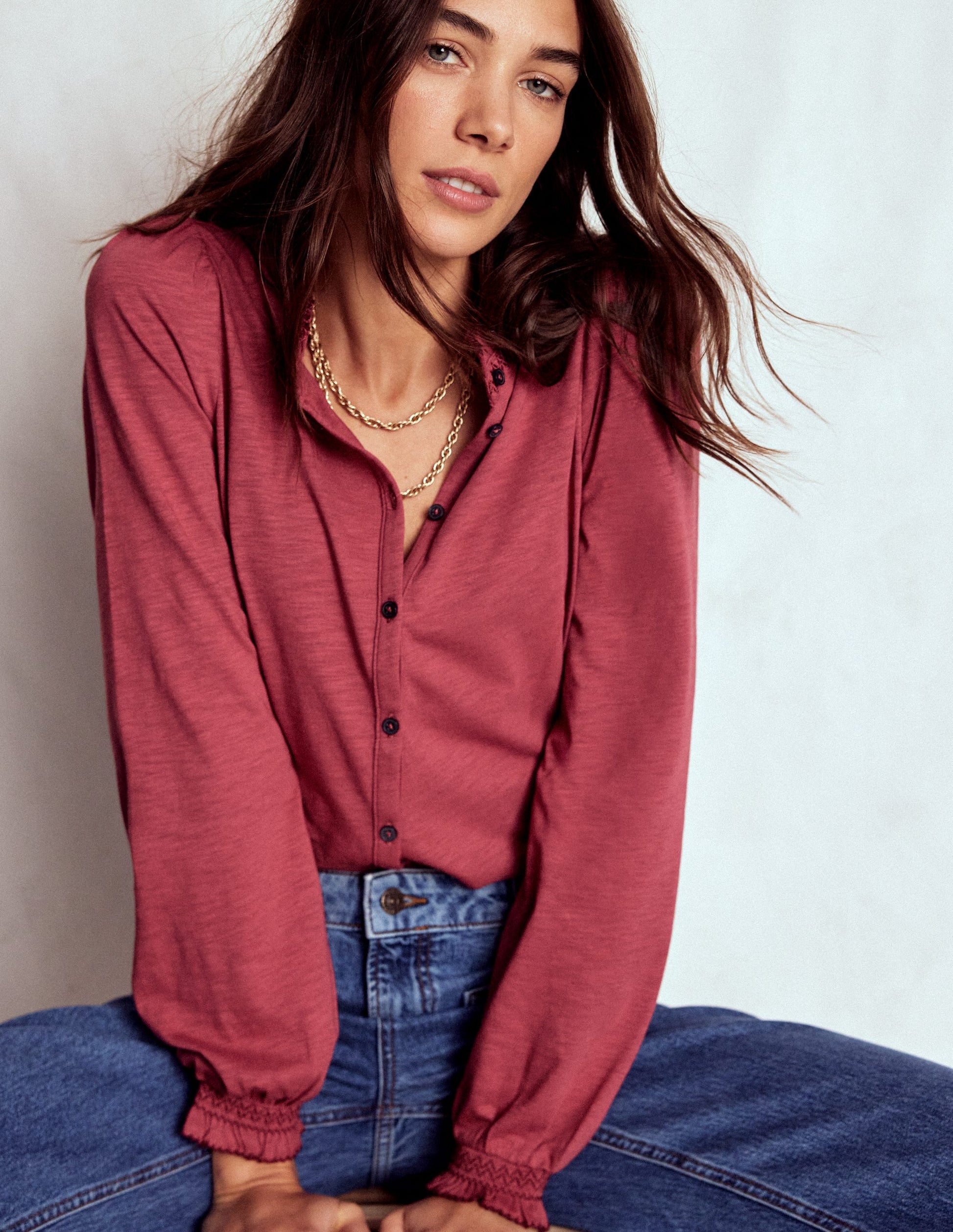 Effie Smocked Detail Shirt-Earth Red-1