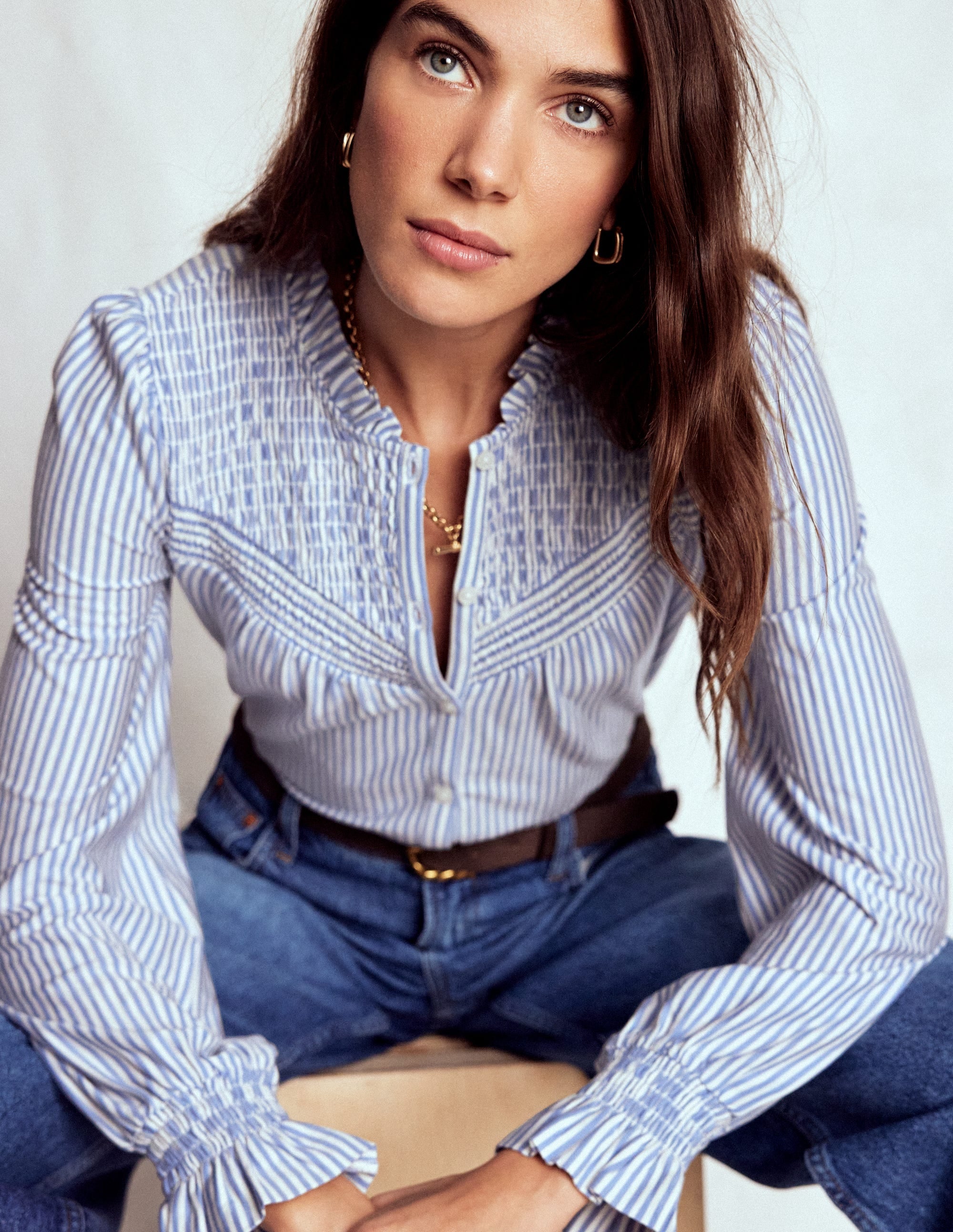 Smocked Yoke Jersey Shirt-Forever Blue and Ivory Stripe - Image 1