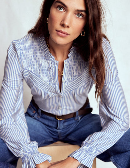 Smocked Yoke Jersey Shirt-Forever Blue and Ivory Stripe-1