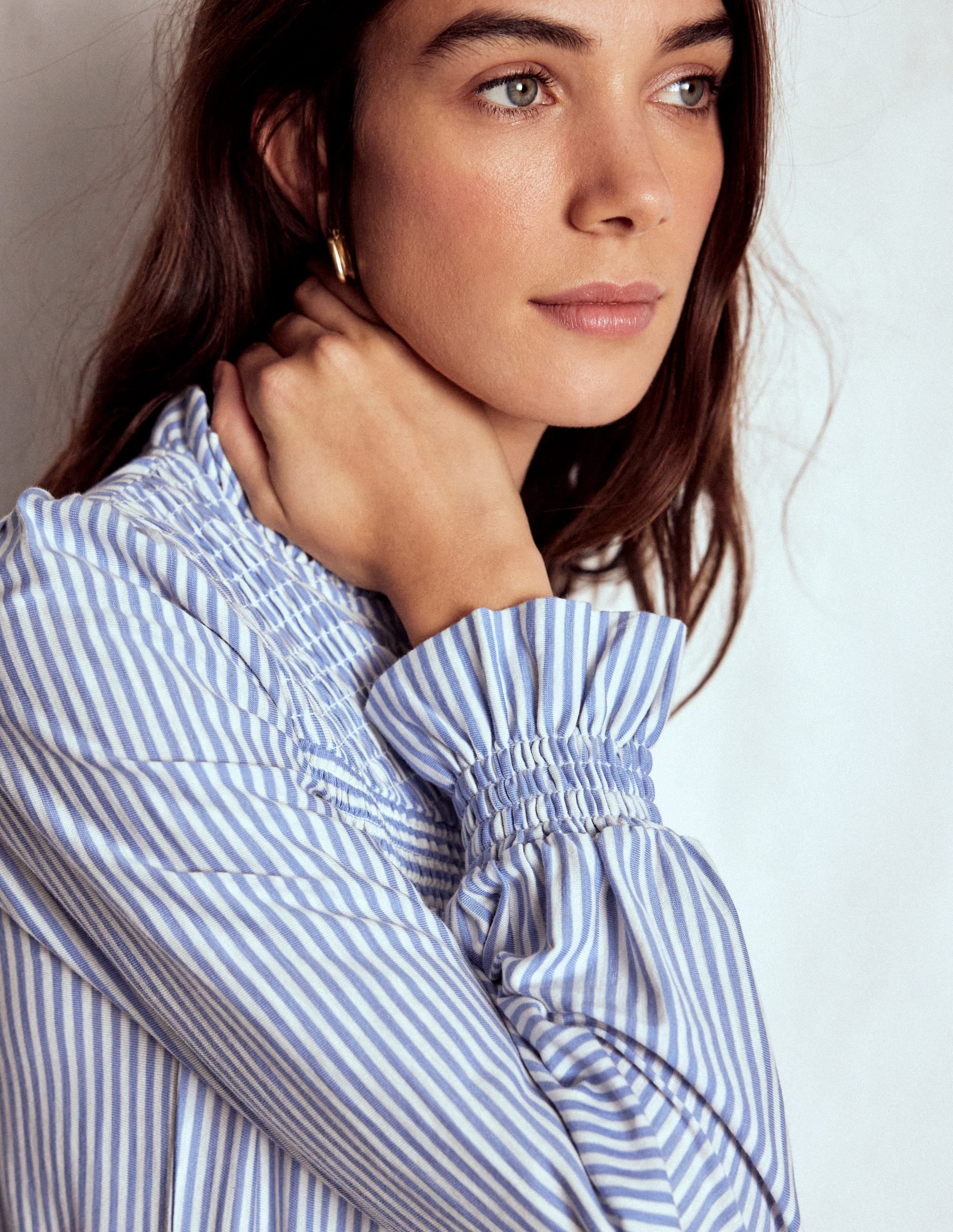 Smocked Yoke Jersey Shirt-Forever Blue and Ivory Stripe - Image 2