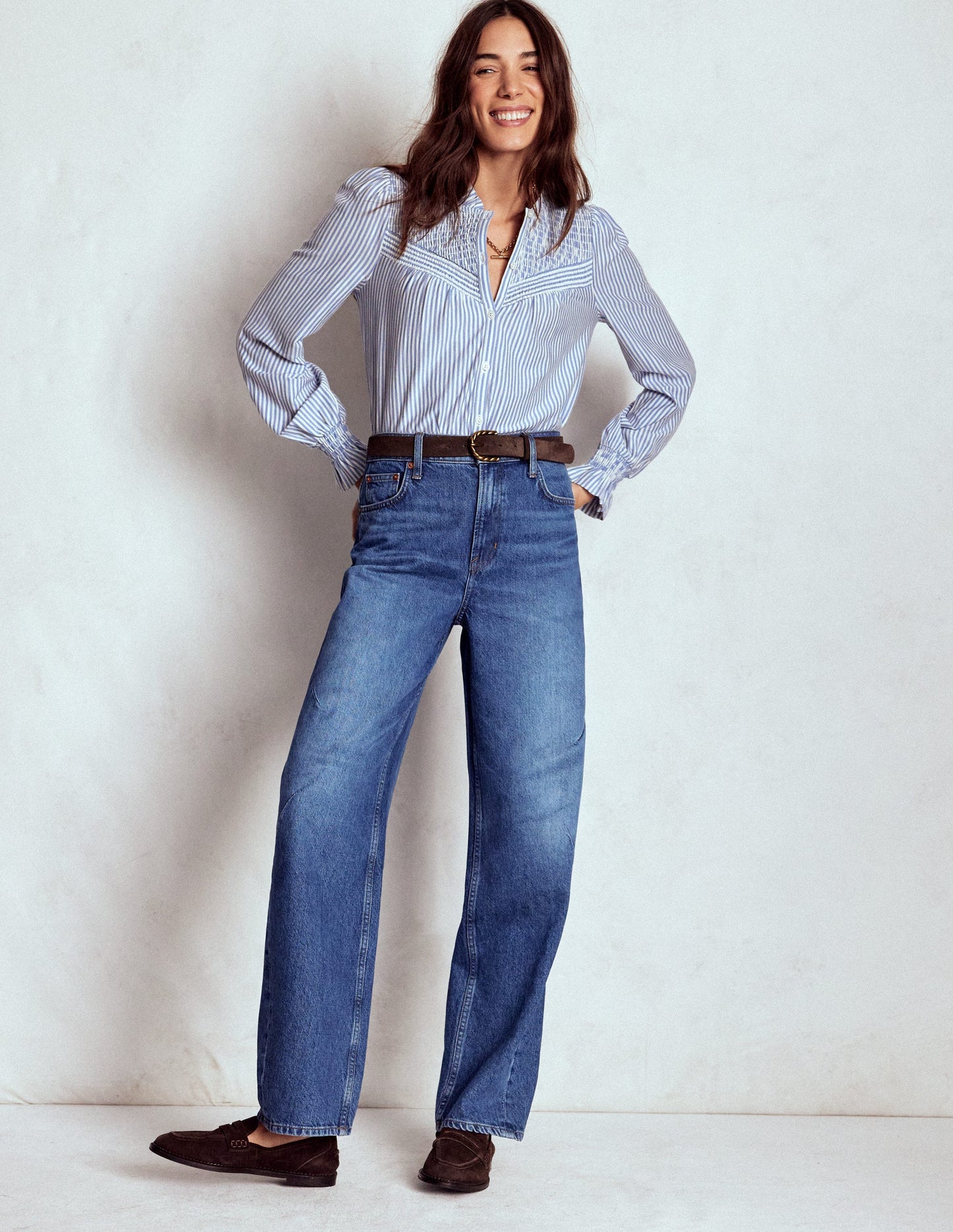 Smocked Yoke Jersey Shirt-Forever Blue and Ivory Stripe