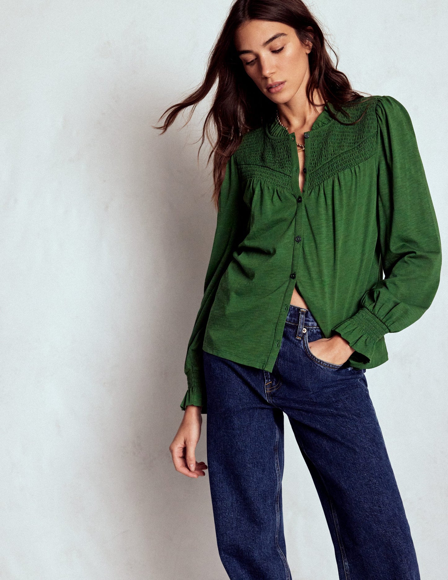 Smocked Yoke Jersey Shirt-Woodland Green