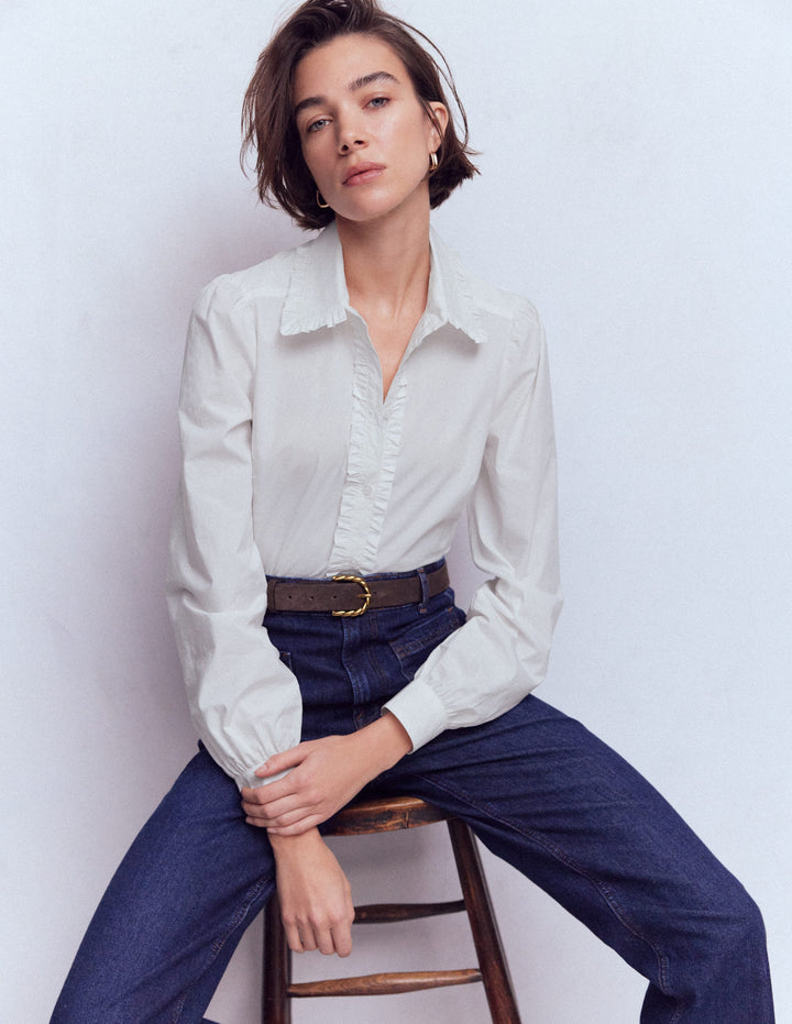 Cara Cotton Shirt-White Ruffle