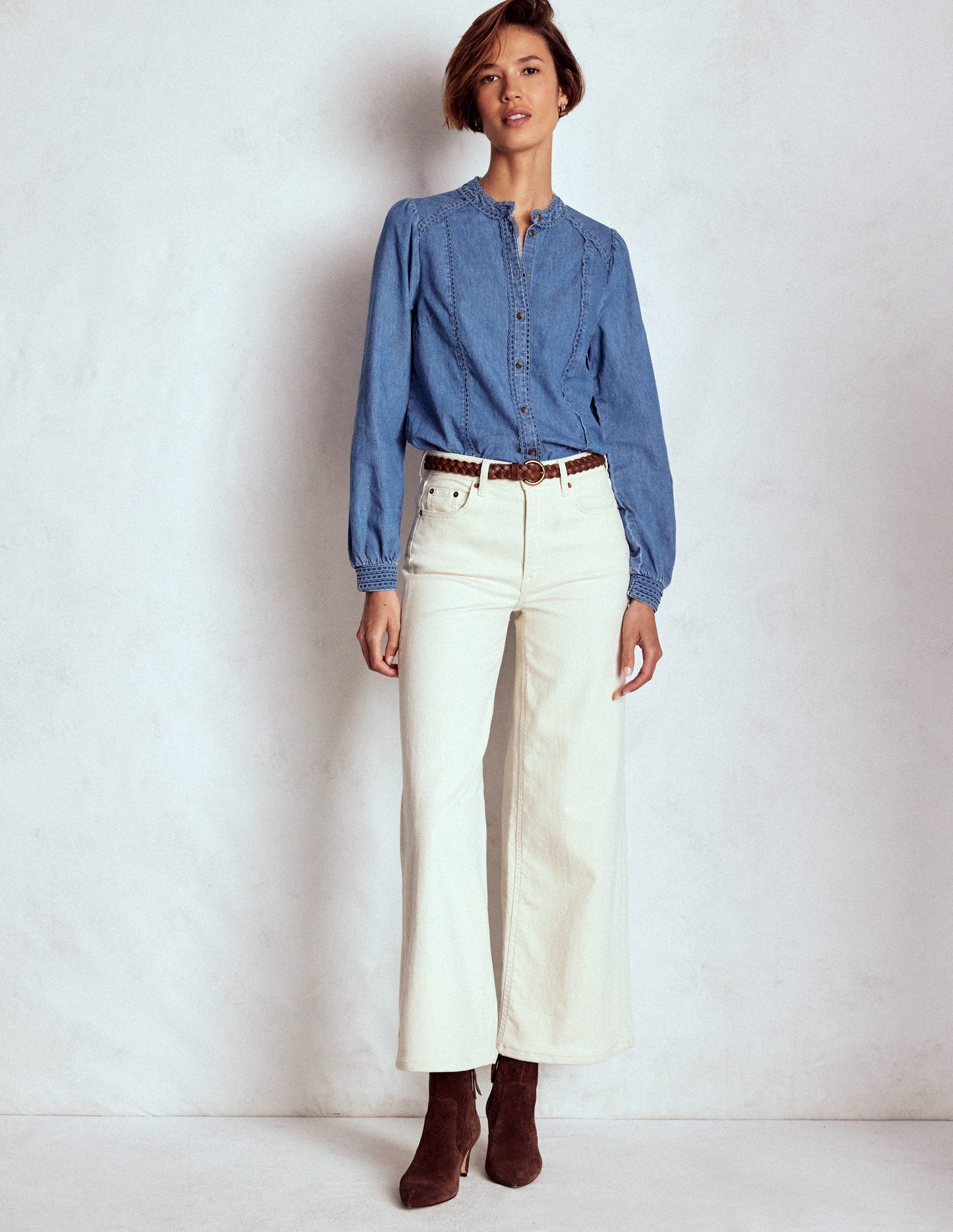 Rhea Trim Insert Denim Top-Light Vintage