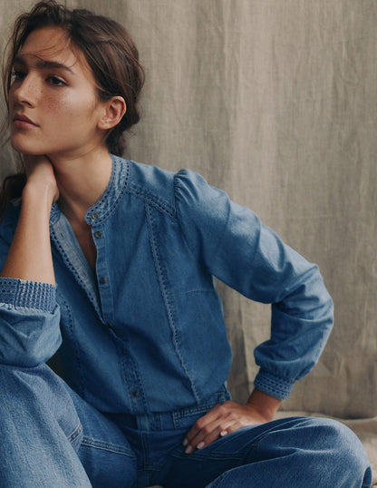 Rhea Trim Insert Denim Top-Light Vintage-1