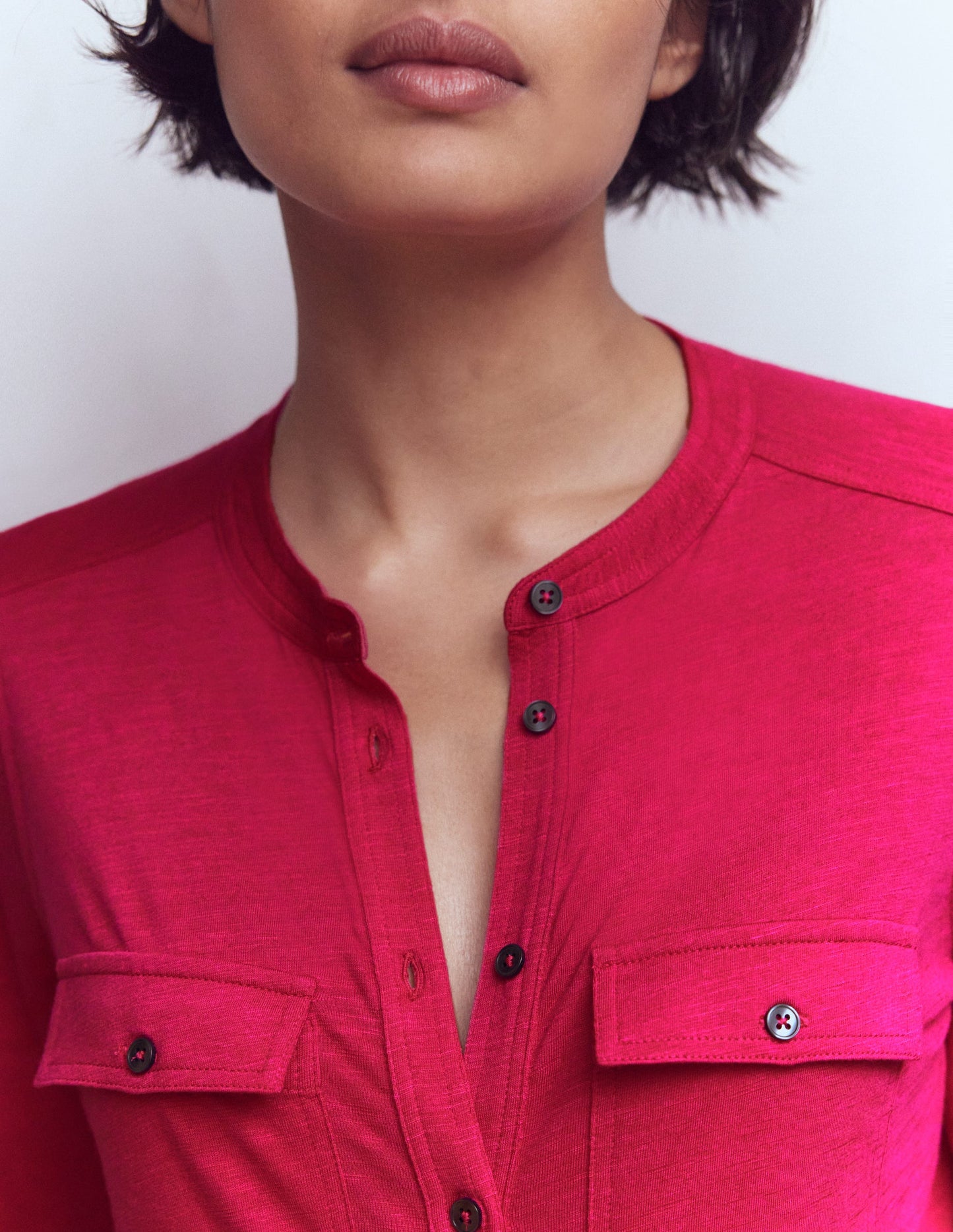 Topstitched Pocket Shirt-Pomegranate