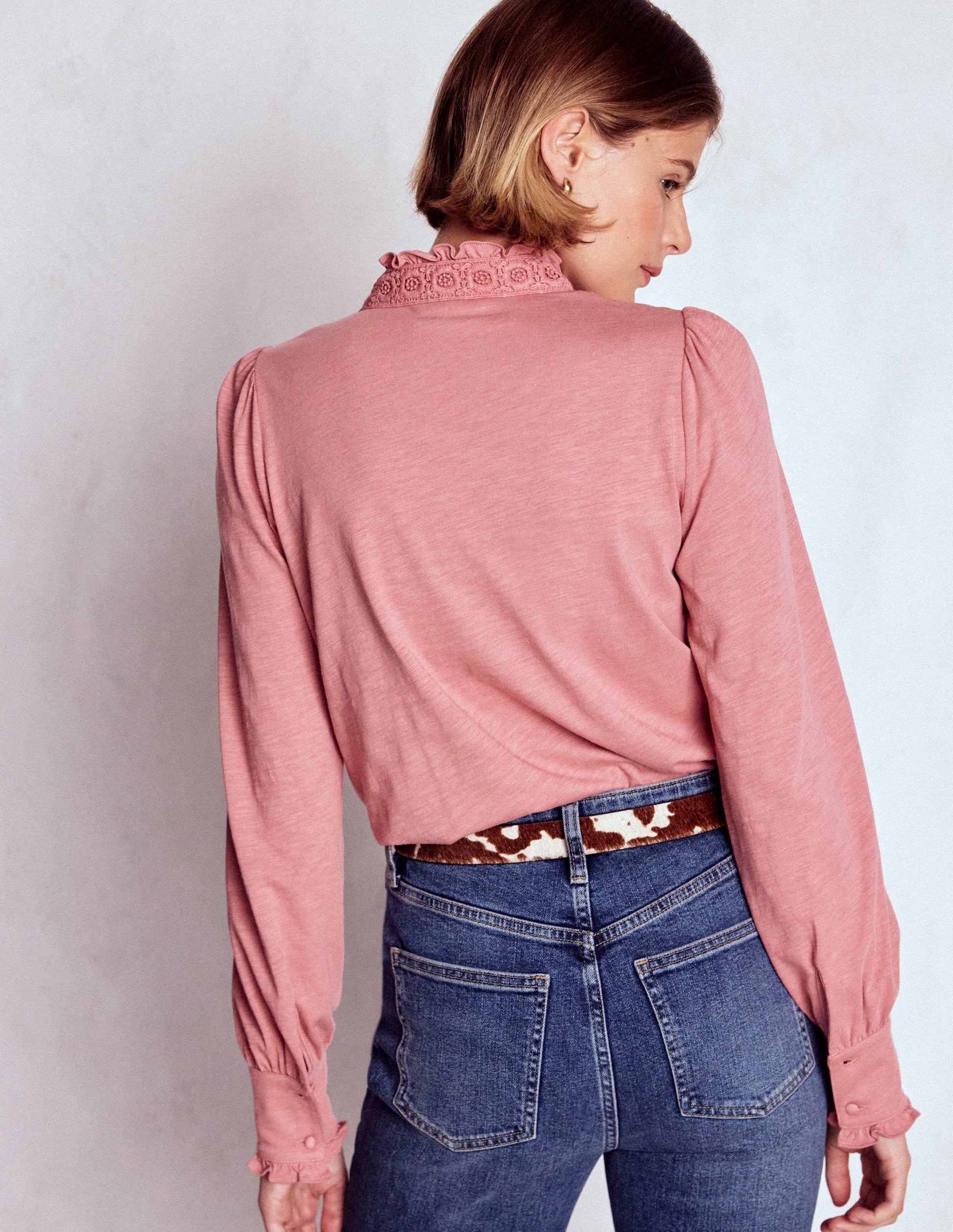 Lace Detail Jersey Shirt-Vintage Rose-3