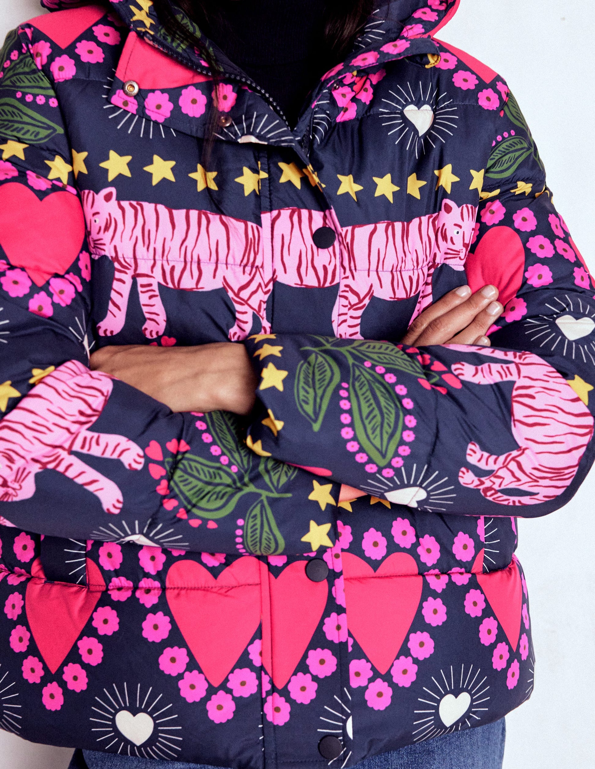 Padded Puffer Coat-French Navy, Embellished Tiger-2