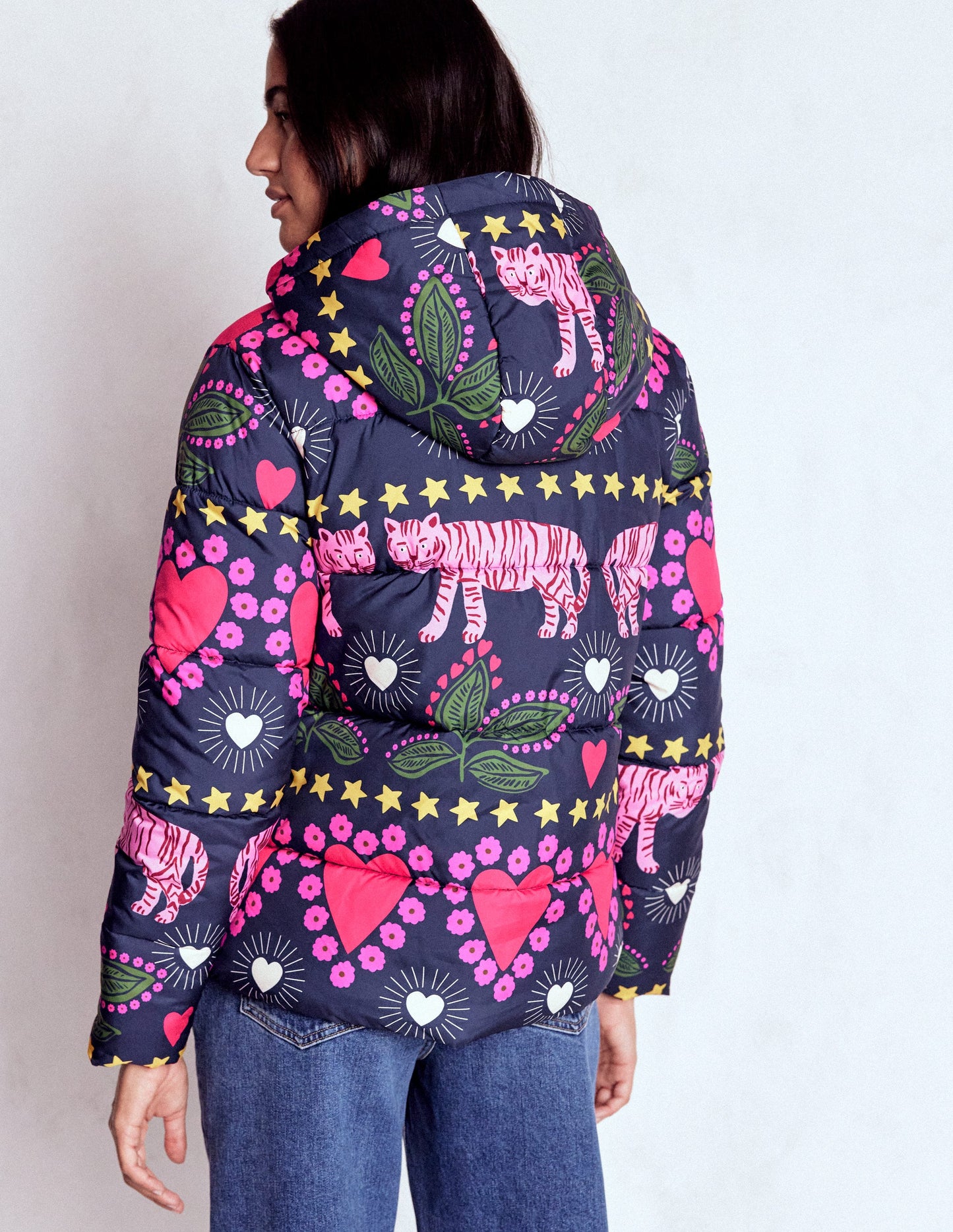 Padded Puffer Coat-French Navy, Embellished Tiger