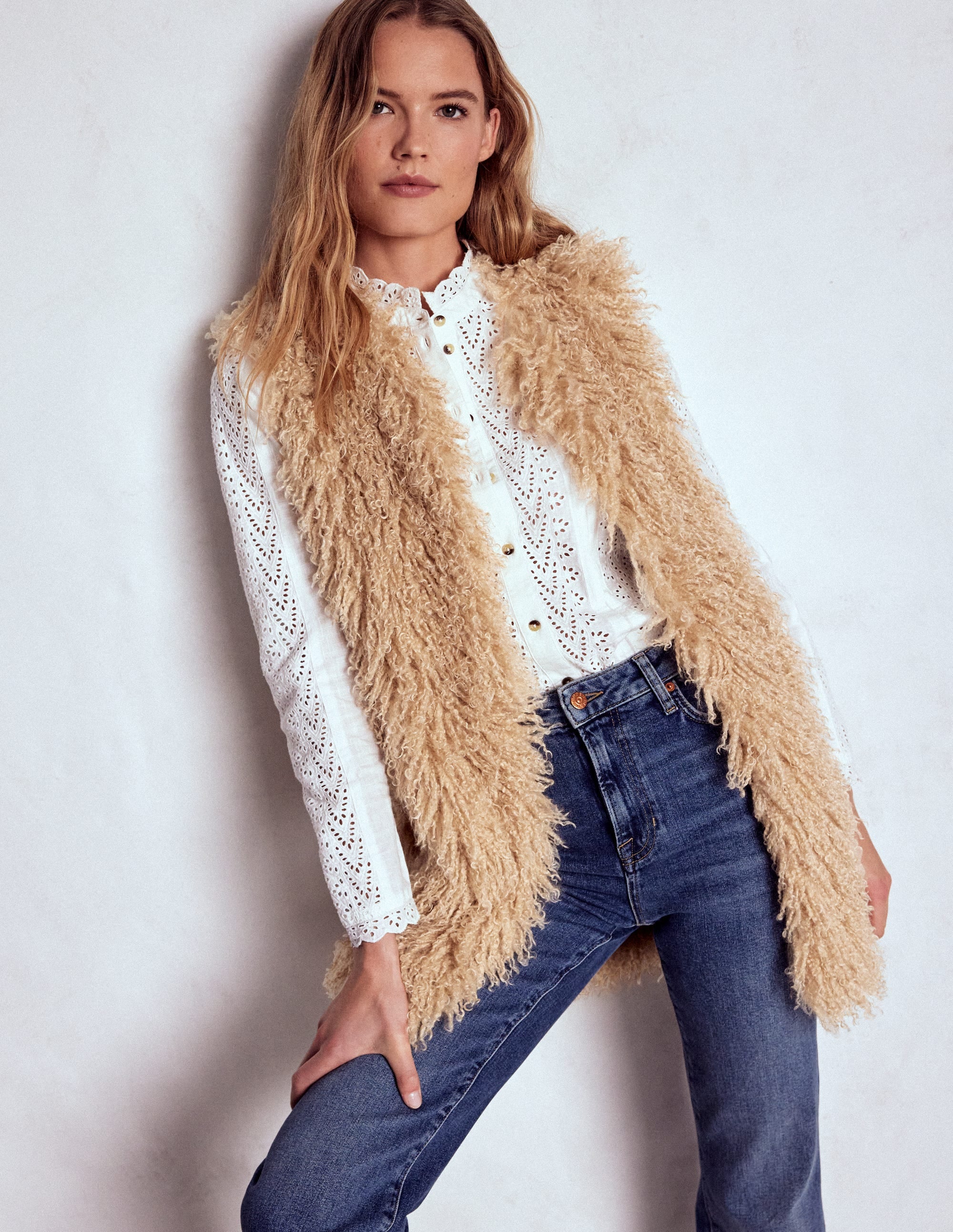 Faux Fur Long Gilet-Sand Dune, Fur - Image 1