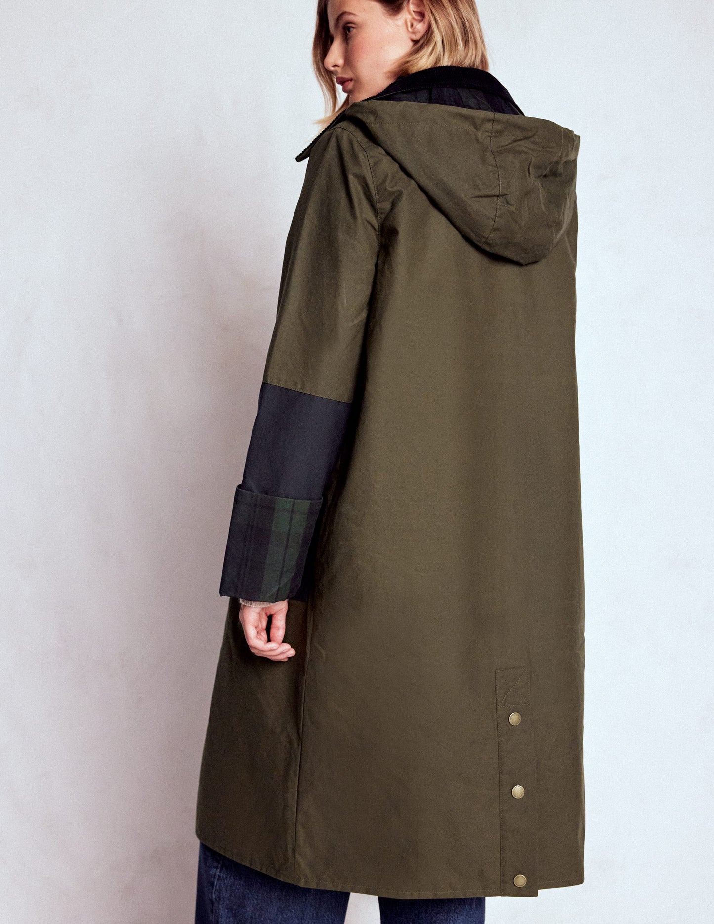Longline Wax Coat-Navy Khaki Colourblock