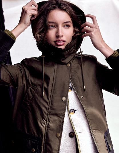 Longline Wax Coat-Navy Khaki Colourblock-9