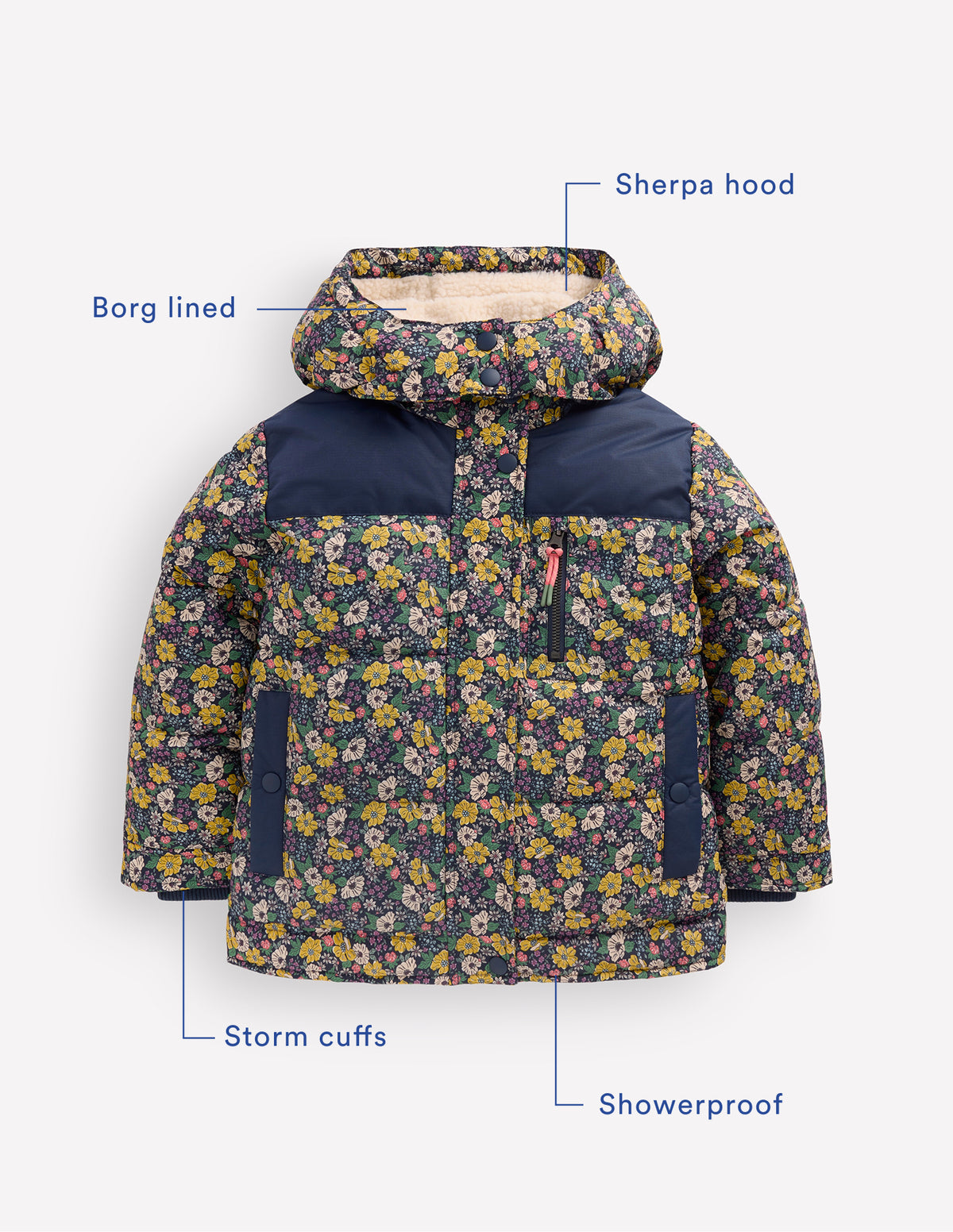 Borg Lined Puffer Coat-French Navy Mixed Flowerbed - Image 3
