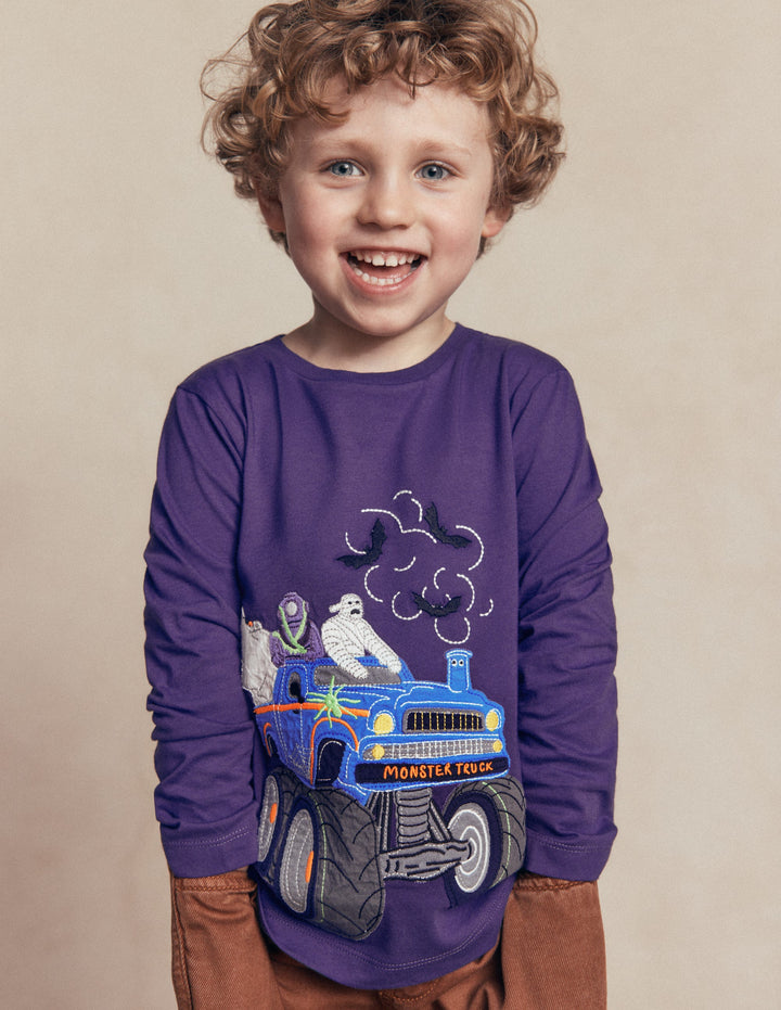Long Sleeve Appliqué T-shirt-Halloween Monster Truck