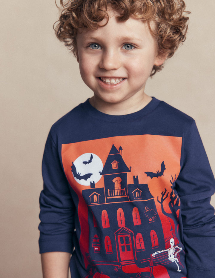 Long Sleeve Glow T-shirt-French Navy, Halloween Castle