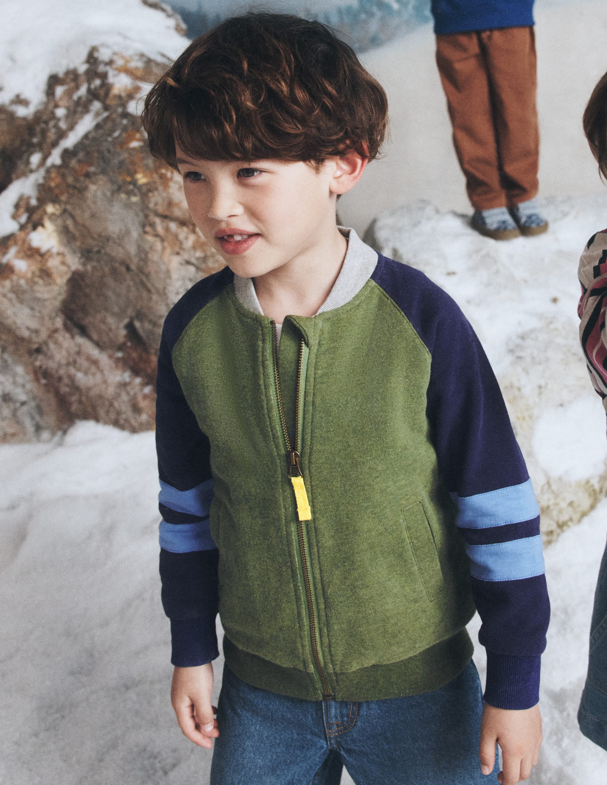 Fleece Lined Bomber Jacket-Green / Blue Colourblock - Image 5