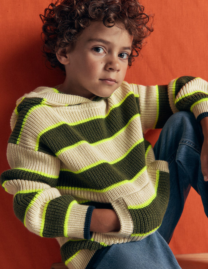 Knitted Hoodie-Oatmeal/Green Stripe