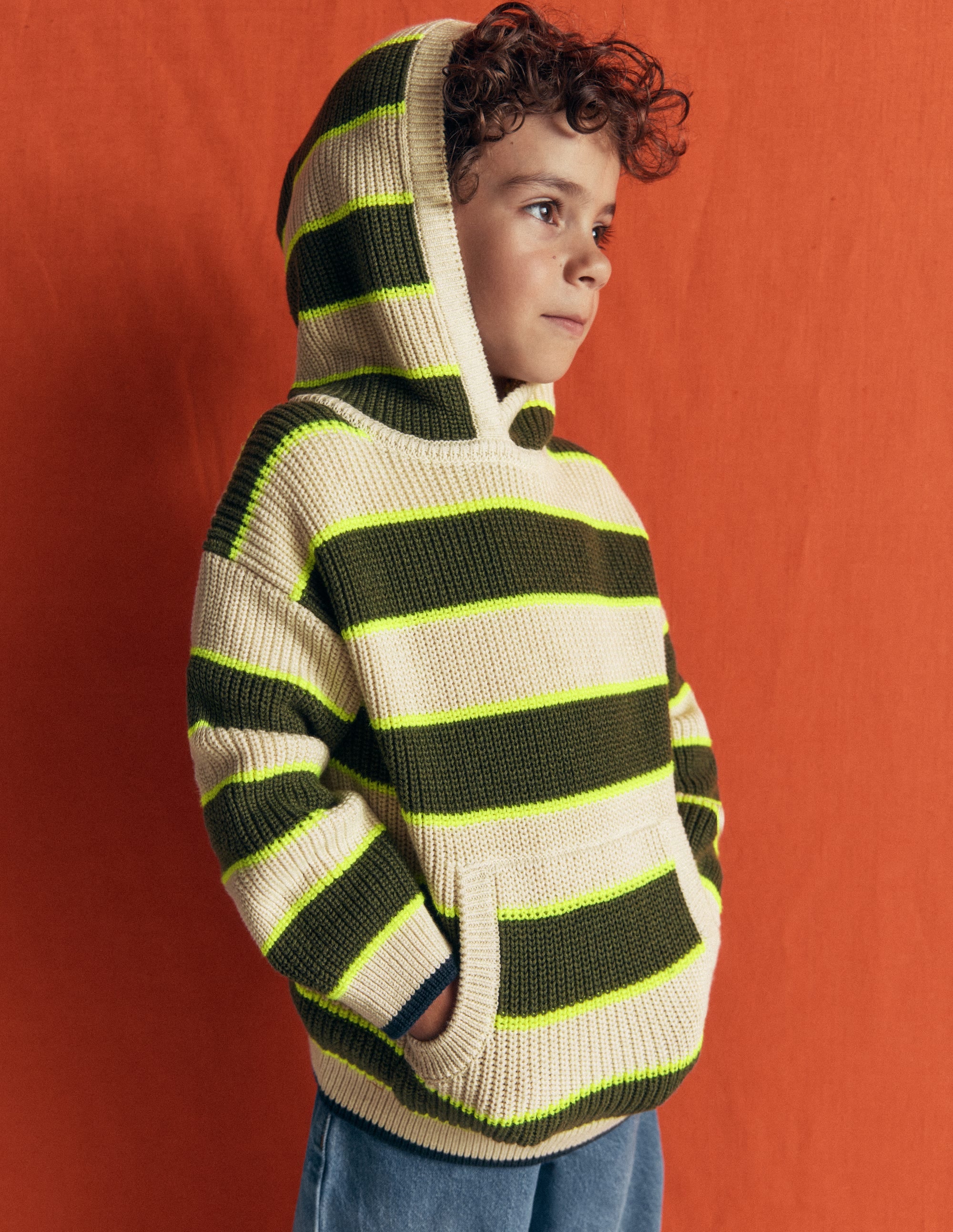 Knitted Hoodie-Oatmeal/Green Stripe - Image 2