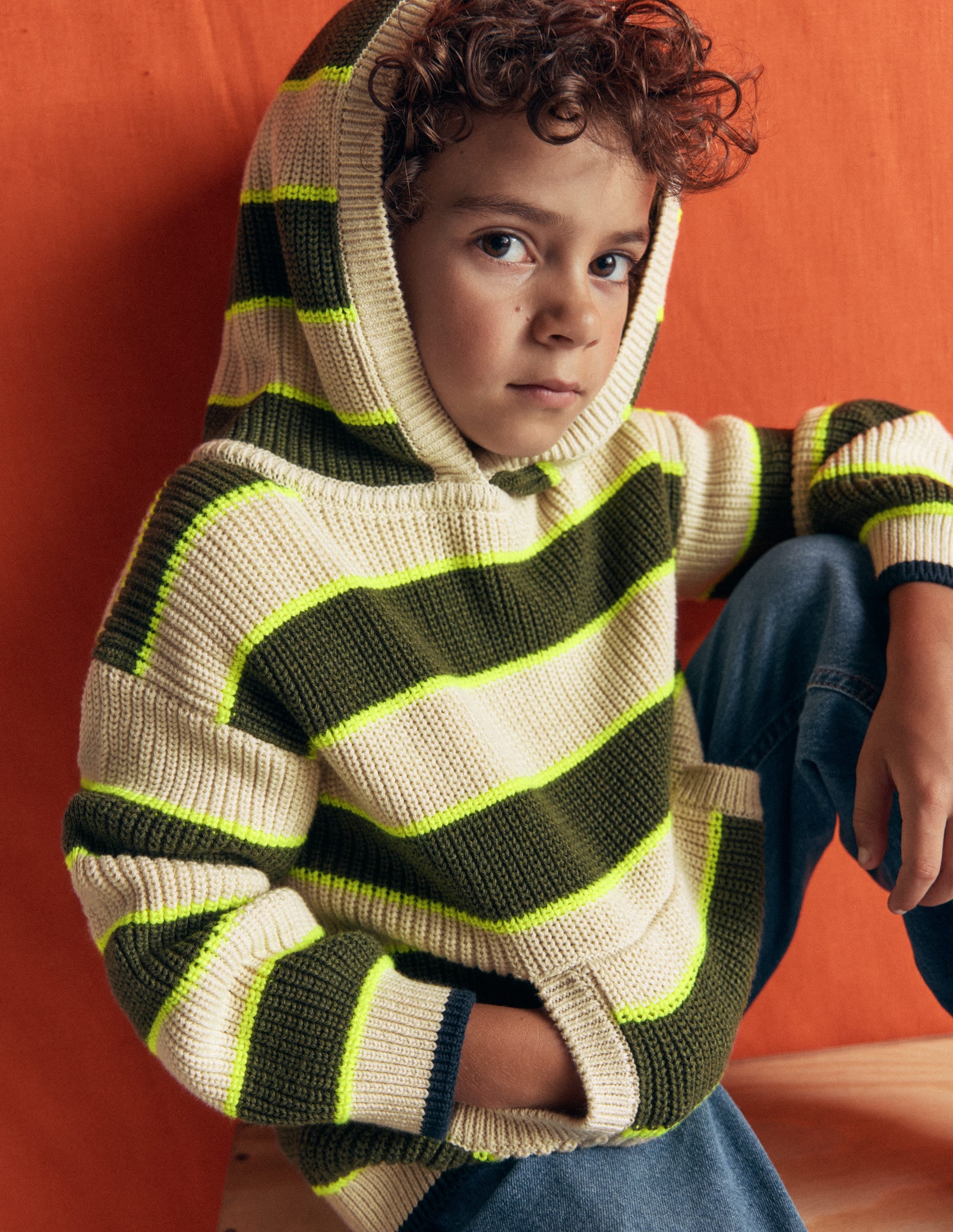 Knitted Hoodie-Oatmeal/Green Stripe - Image 3