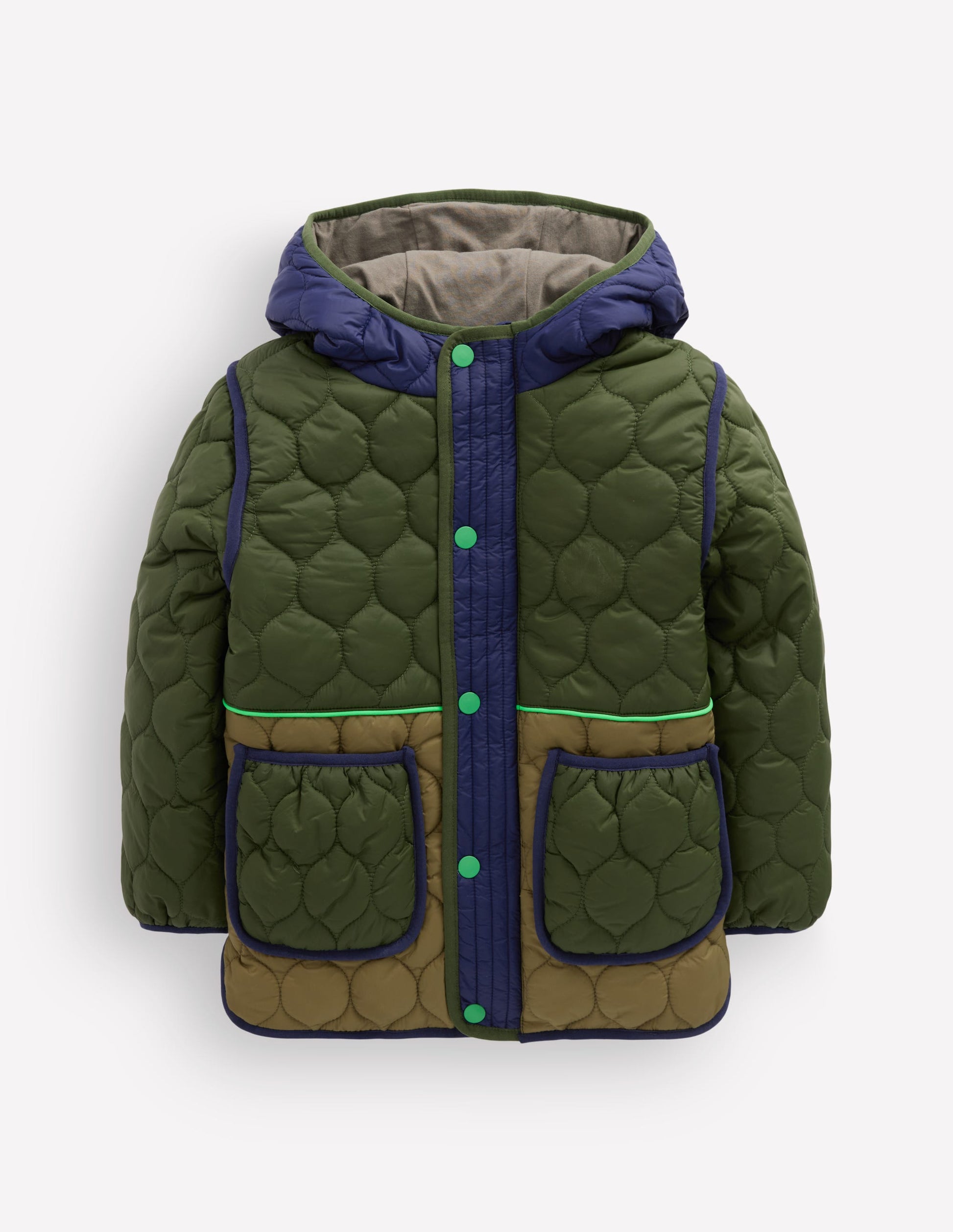 Onion Quilted Coat-Khaki Colourblock-5
