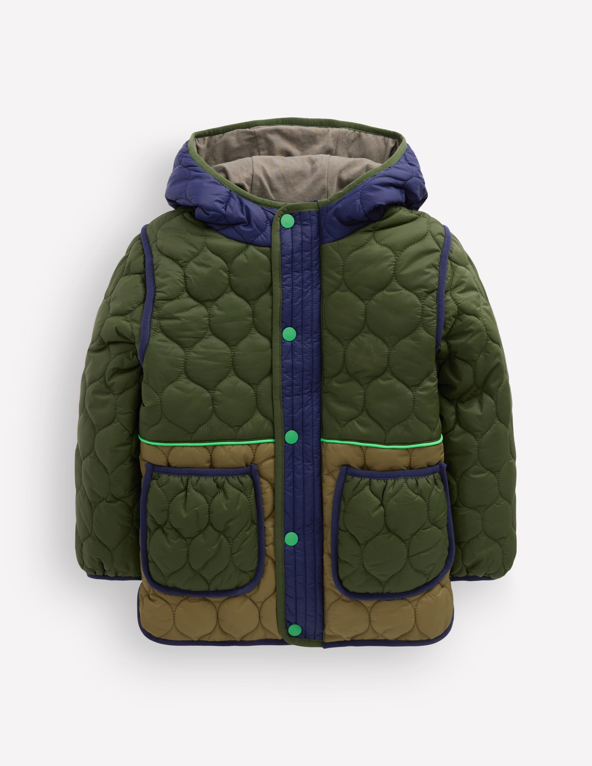 Onion Quilted Coat-Khaki Colourblock - Image 5