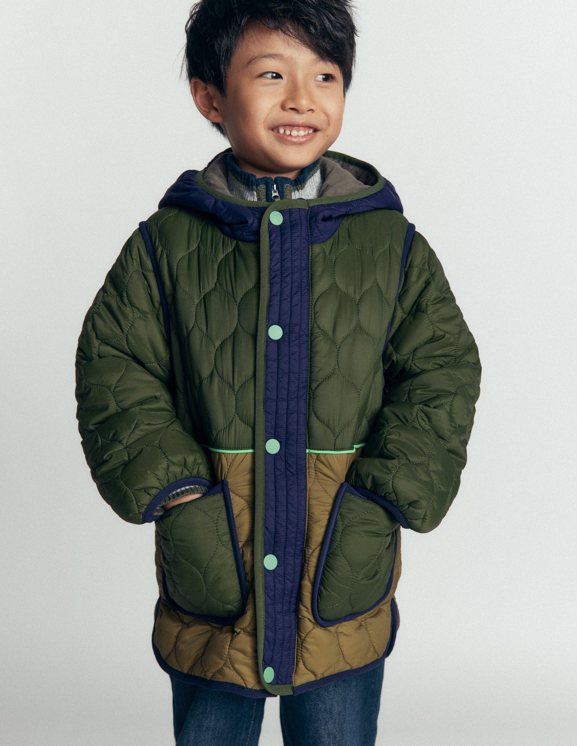 Onion Quilted Coat-Khaki Colourblock-1