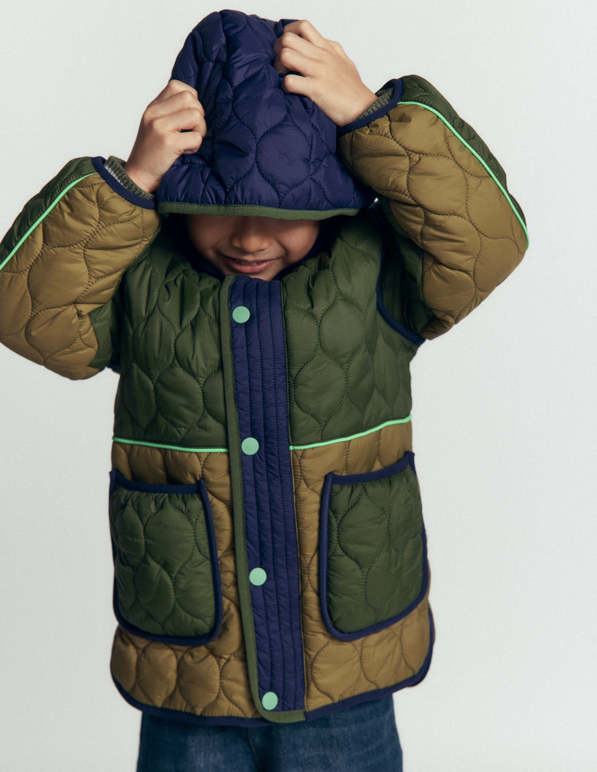 Onion Quilted Coat-Khaki Colourblock - Image 3