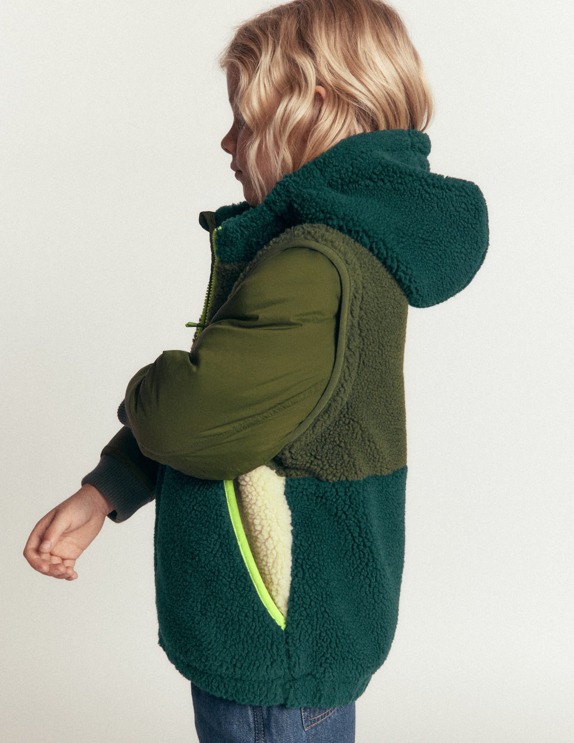 Panelled Borg Mix Jacket-Khaki - Image 2