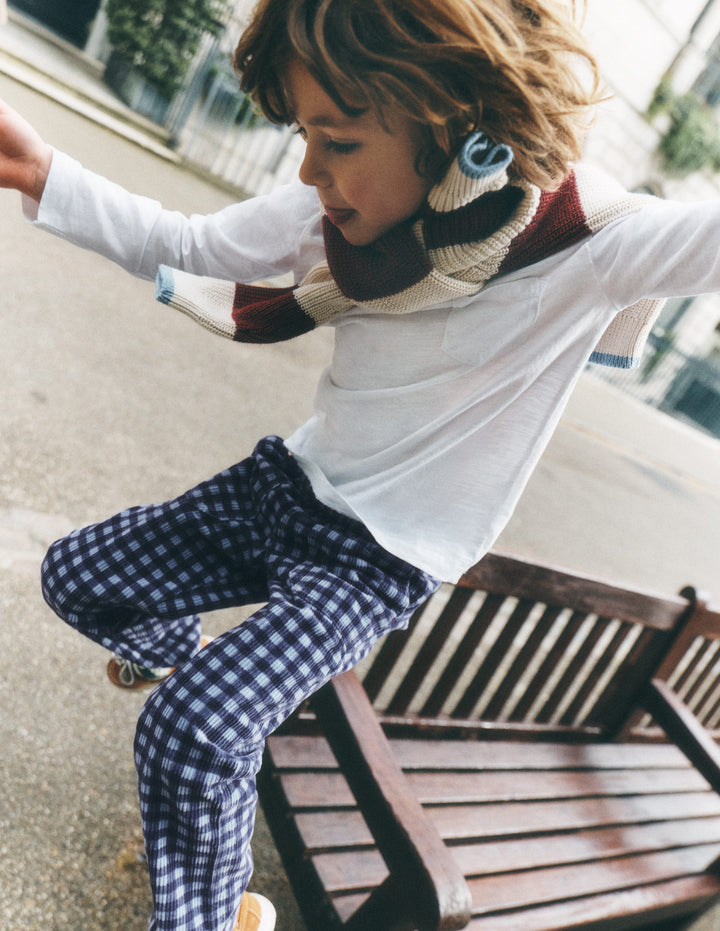Pull-on Cord Trousers-Faded Denim Gingham