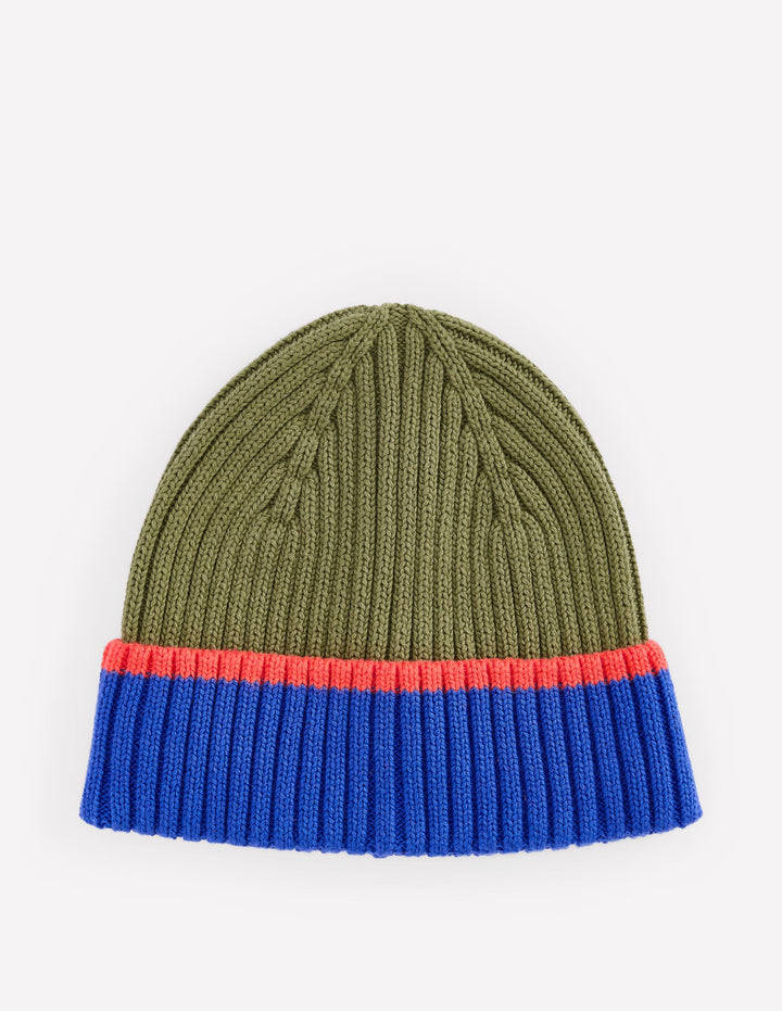 Boy's Cotton Ribbed Beanie-Olive Colourblock