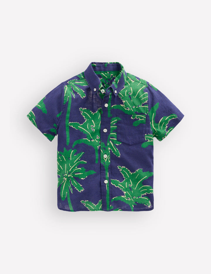 Cotton Linen Shirt-Green Palm Trees