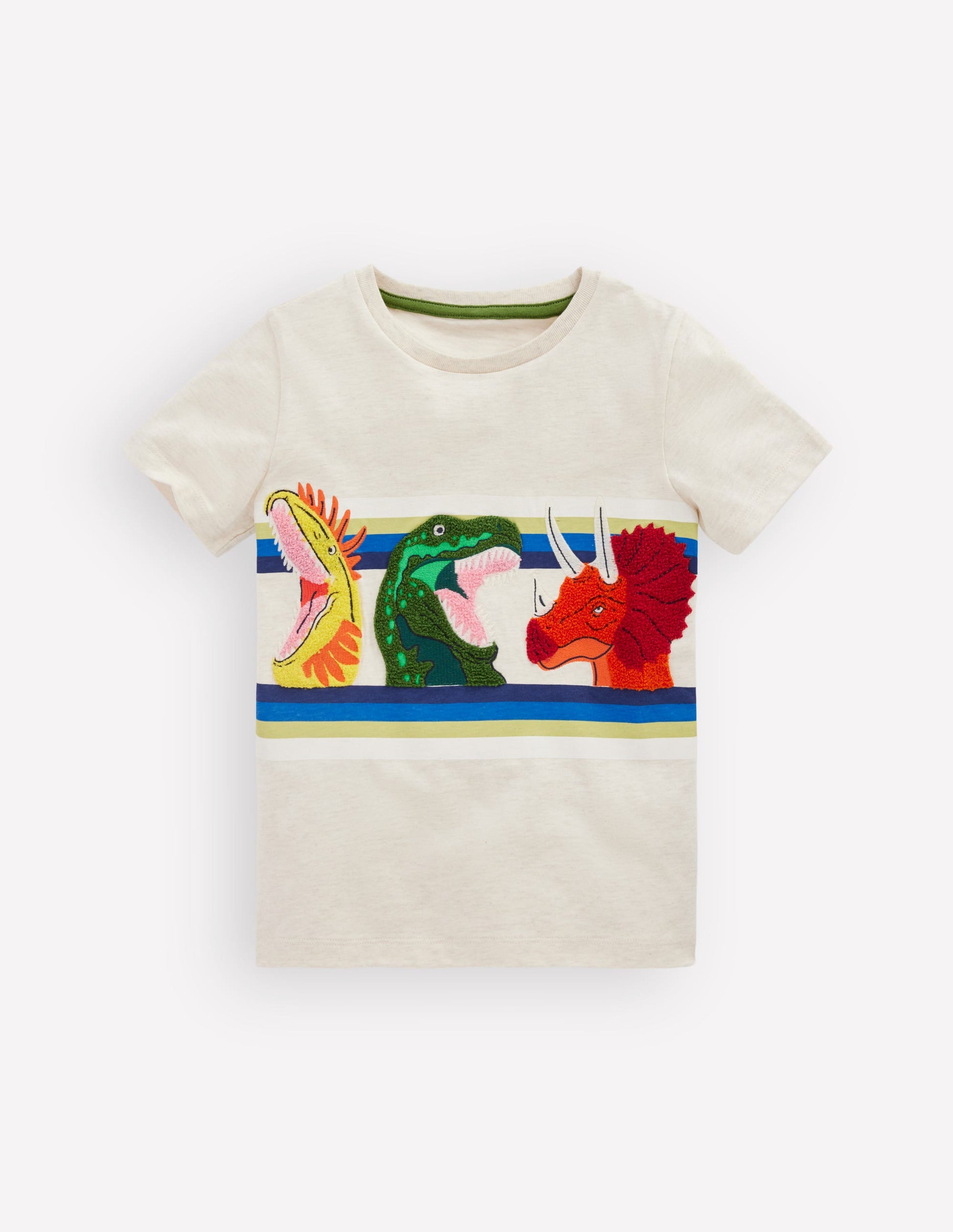 Short Sleeve Appliqué T-shirt-Oatmeal Marl Dino Stripe-1