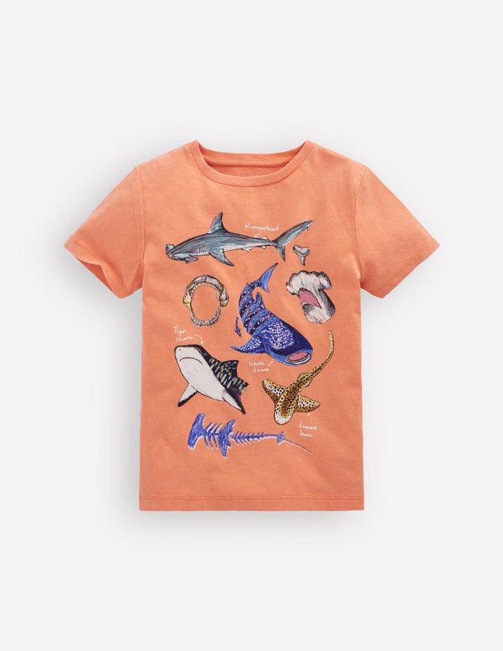 Vintage Wash Graphic T-shirt-ORANGE SHARKS