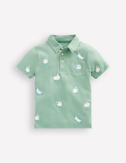 Embroidered Slub Polo Shirt-Green Sheep-1