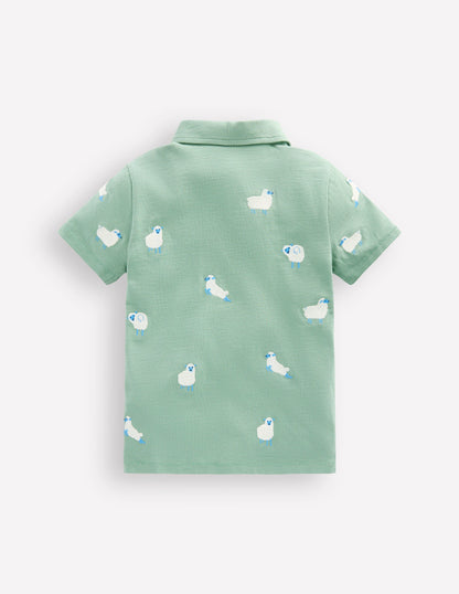 Embroidered Slub Polo Shirt-Green Sheep-2