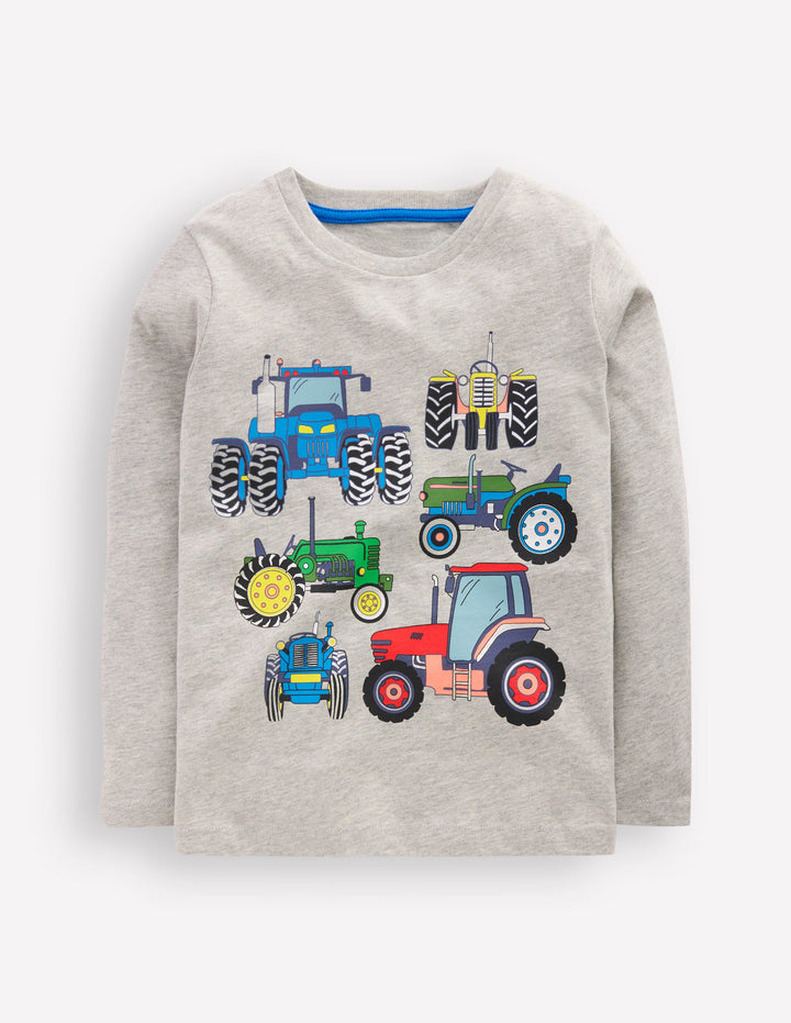 Long Sleeve Printed T-shirt-Grey Marl Tractor