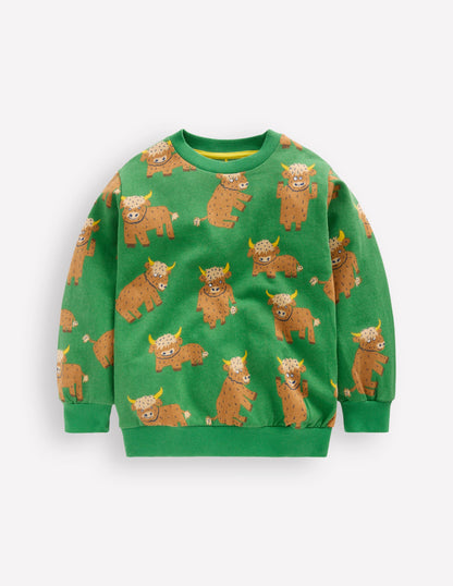 Everyday Printed Sweatshirt-Green Highland Cows-1
