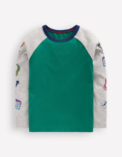 Printed Sleeve Raglan T-shirt-Green Weekend Print-1