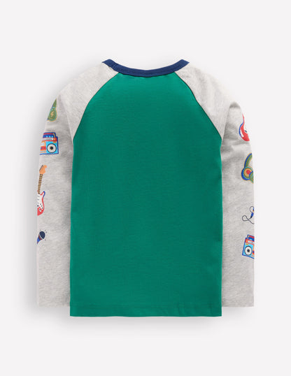 Printed Sleeve Raglan T-shirt-Green Weekend Print-2