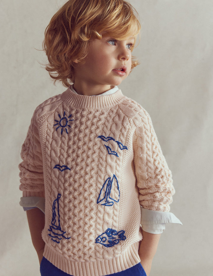 Cable Embroidered Jumper-Warm Ivory