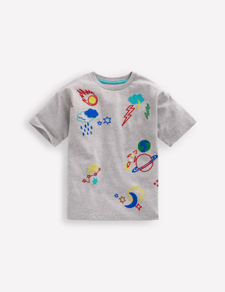 Relaxed Embroidered T-shirt-Grey Marl Space