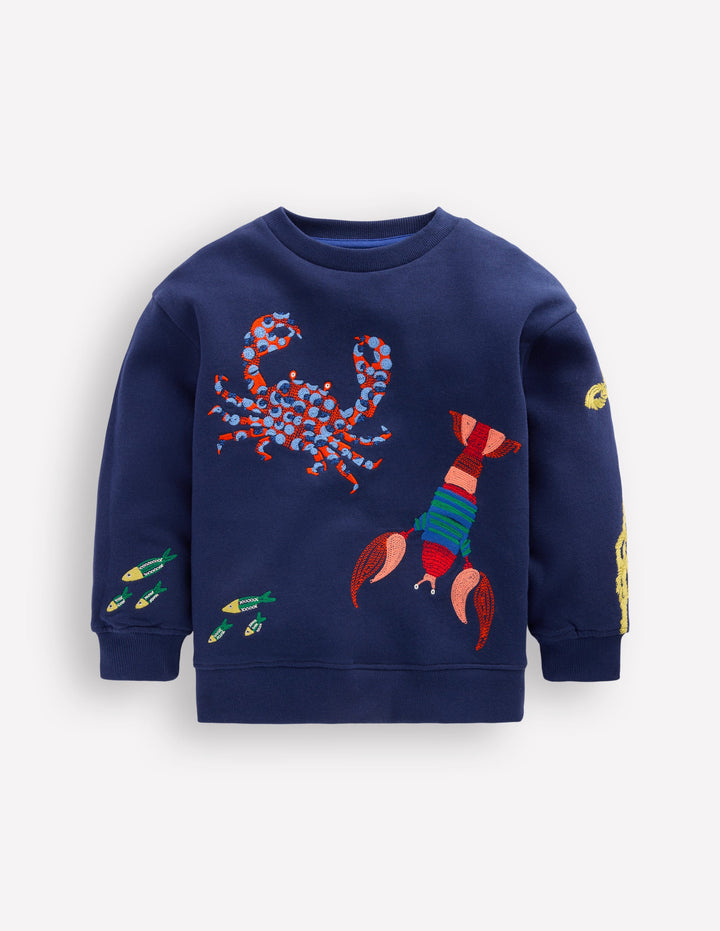 Embroidered Sweatshirt-College Navy Seacreatures