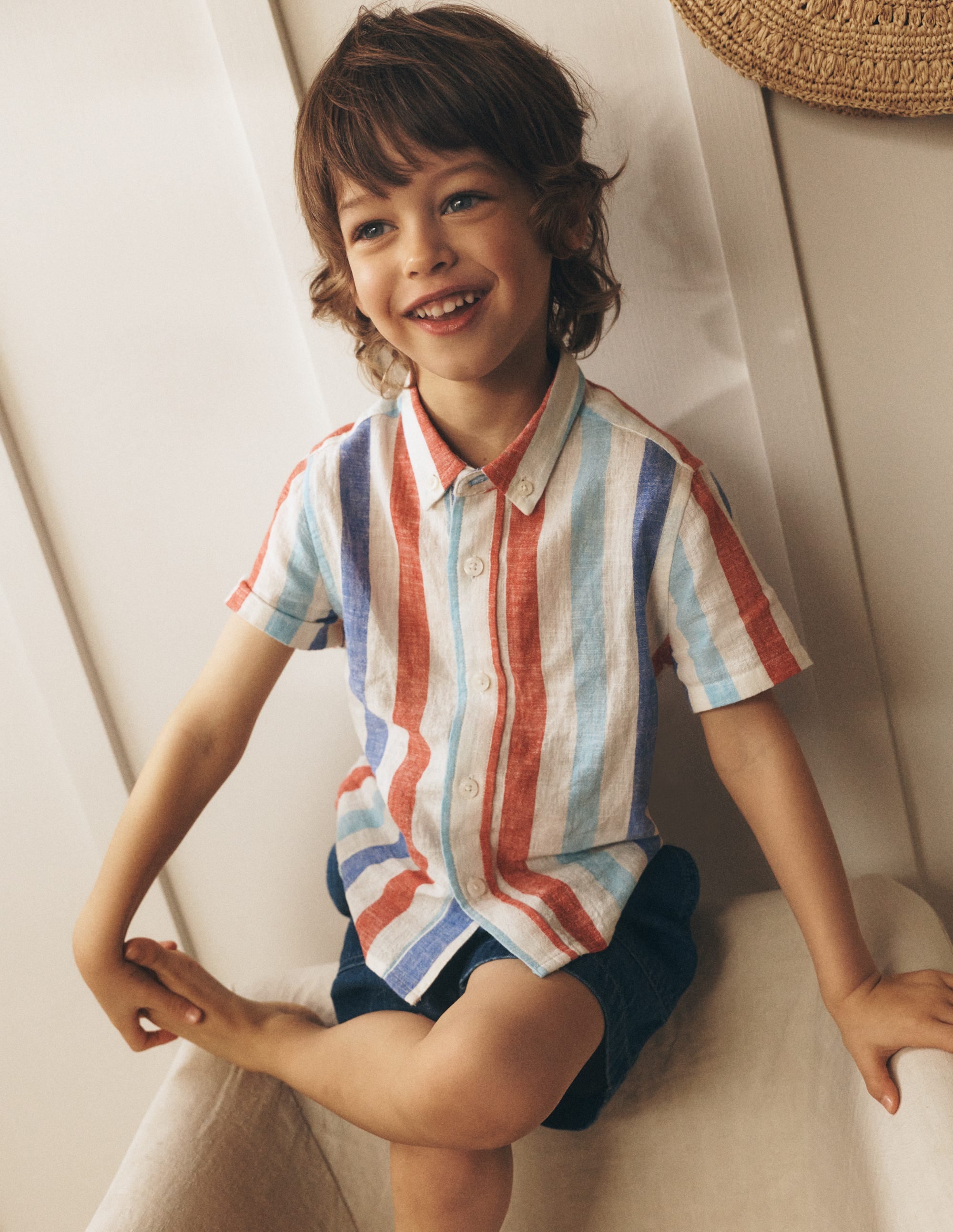 Cotton Linen Shirt-Blue and Red Stripe - Image 1