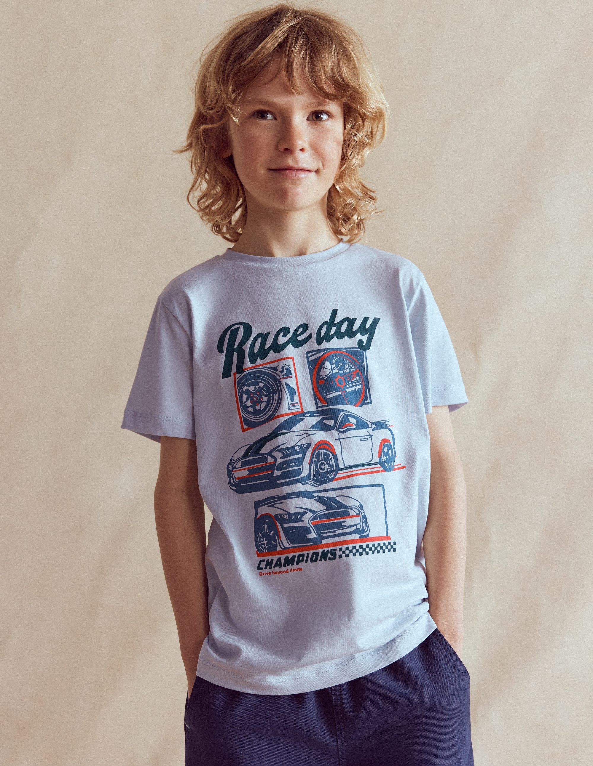 Short Sleeve Graphic T-shirt-Blue Race Cars - Image 1