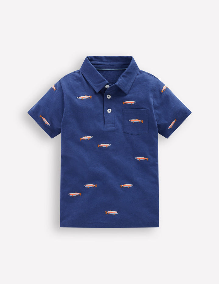 Embroidered Slub Polo Shirt-Blue Fishing